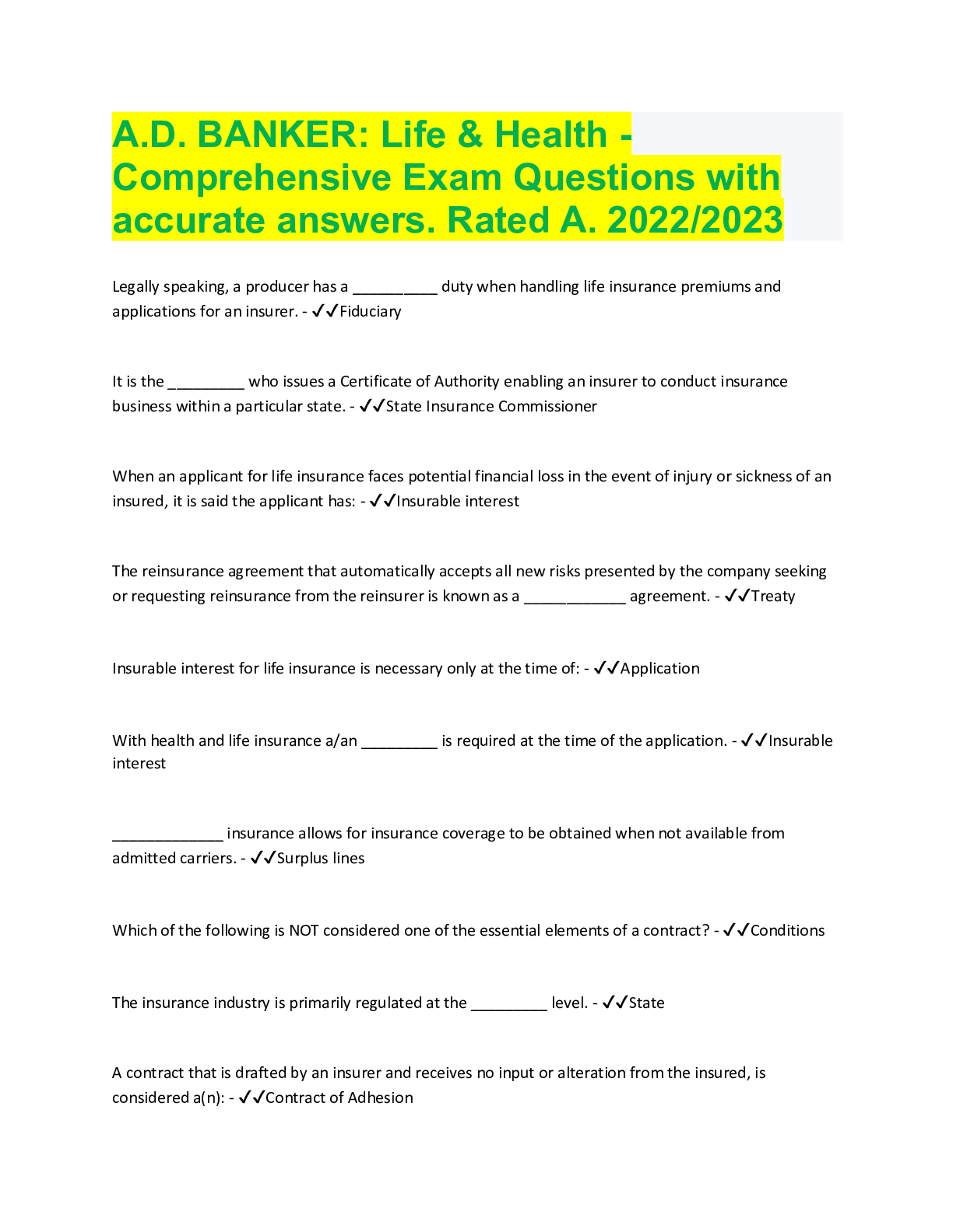 Preview image for A.D. BANKER: Life & Health - Comprehensive Exam Questions with accurate answers. Rated A. 2022/2023
